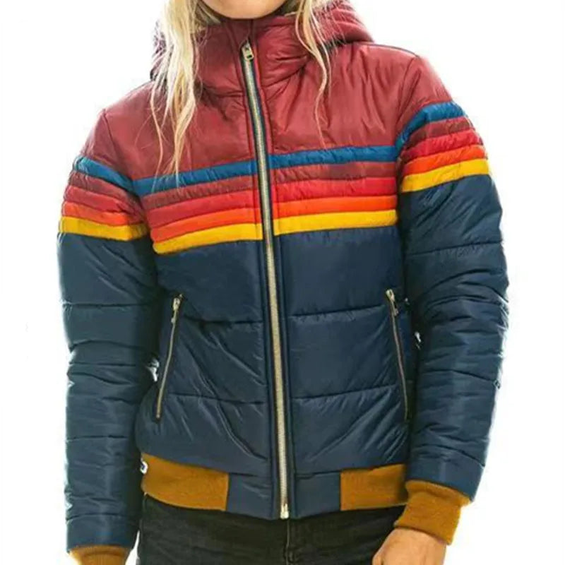 Eva Marineblau Retro Gesteppte Puffer-Jacke mit Kapuze für Damen | Regenbogen-Streifen Winter Casual - XS/S/M/L/XL/2XL/3XL