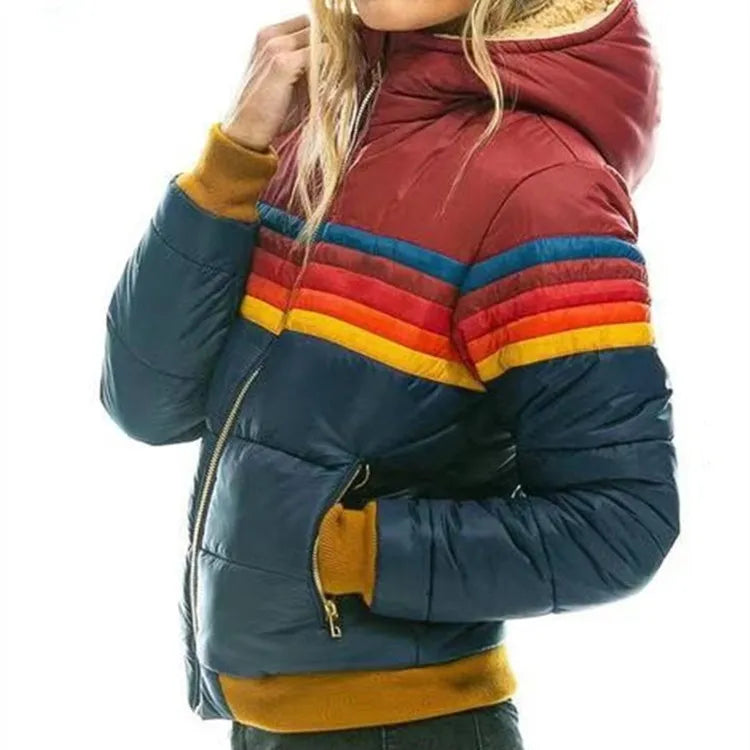 Eva Marineblau Retro Gesteppte Puffer-Jacke mit Kapuze für Damen | Regenbogen-Streifen Winter Casual - XS/S/M/L/XL/2XL/3XL