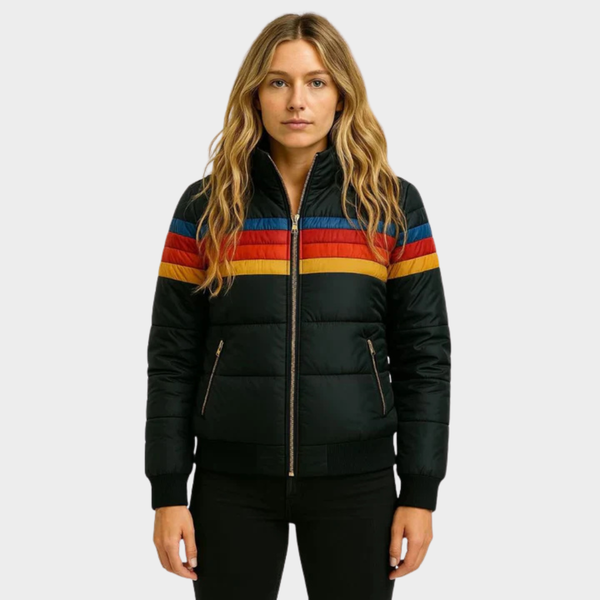 Eva Marineblau Retro Gesteppte Puffer-Jacke mit Kapuze für Damen | Regenbogen-Streifen Winter Casual - XS/S/M/L/XL/2XL/3XL