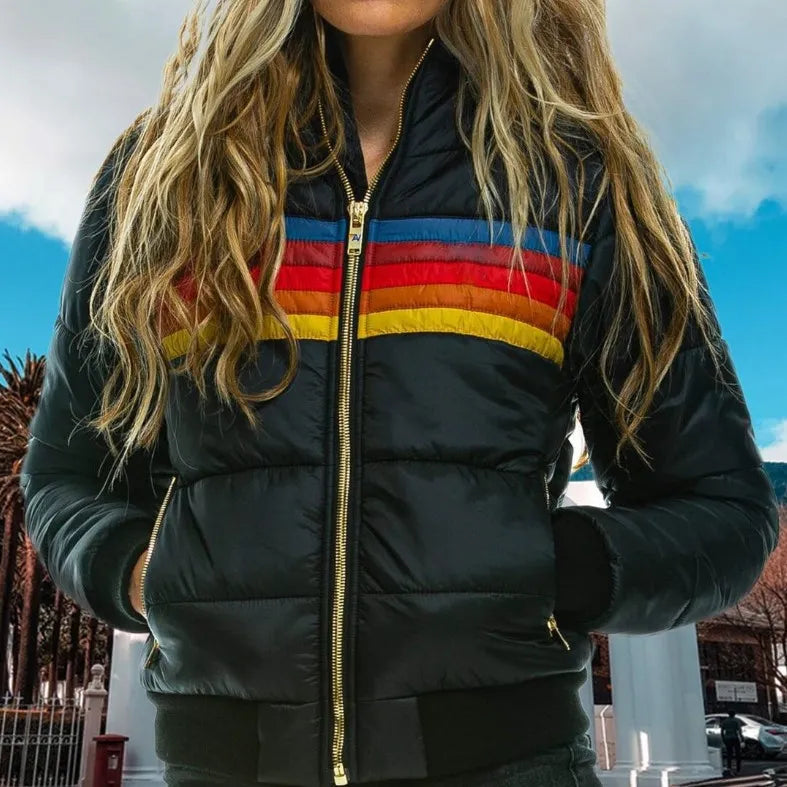 Eva Marineblau Retro Gesteppte Puffer-Jacke mit Kapuze für Damen | Regenbogen-Streifen Winter Casual - XS/S/M/L/XL/2XL/3XL