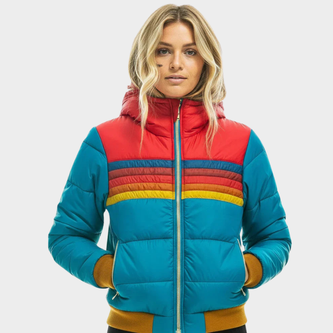 Eva Marineblau Retro Gesteppte Puffer-Jacke mit Kapuze für Damen | Regenbogen-Streifen Winter Casual - XS/S/M/L/XL/2XL/3XL