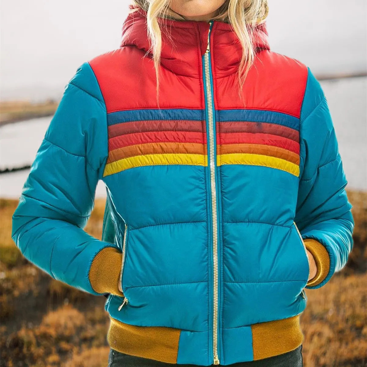 Eva Marineblau Retro Gesteppte Puffer-Jacke mit Kapuze für Damen | Regenbogen-Streifen Winter Casual - XS/S/M/L/XL/2XL/3XL