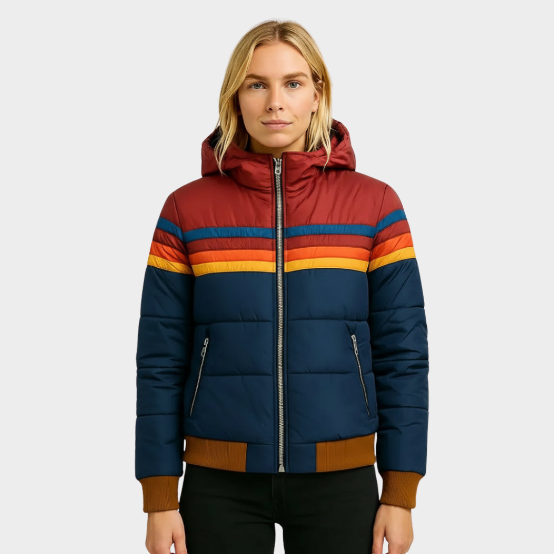 Eva Marineblau Retro Gesteppte Puffer-Jacke mit Kapuze für Damen | Regenbogen-Streifen Winter Casual - XS/S/M/L/XL/2XL/3XL