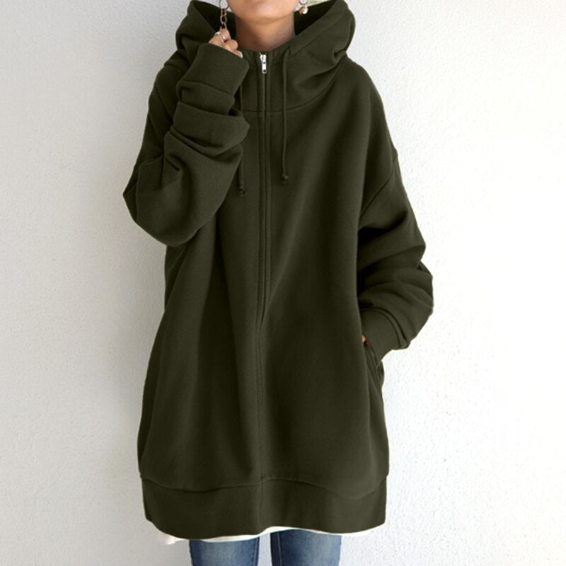 Agnes Grau Oversized Longline Zip-Hoodie-Jacke mit Kapuze für Damen | Winter Casual - S/M/L/XL/2XL/3XL/4XL/5XL