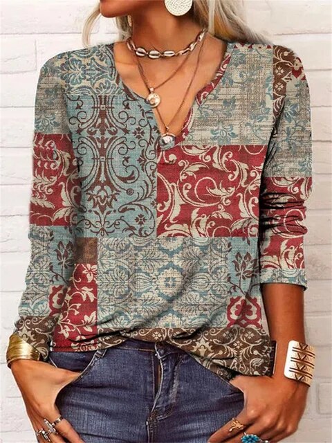 Rosemarie Rot Boho-Bluse mit V-Ausschnitt und Glockenärmeln für Damen | Leichte feminine Passform | Alltag & Reisen | Ornamentprint - S-5XL