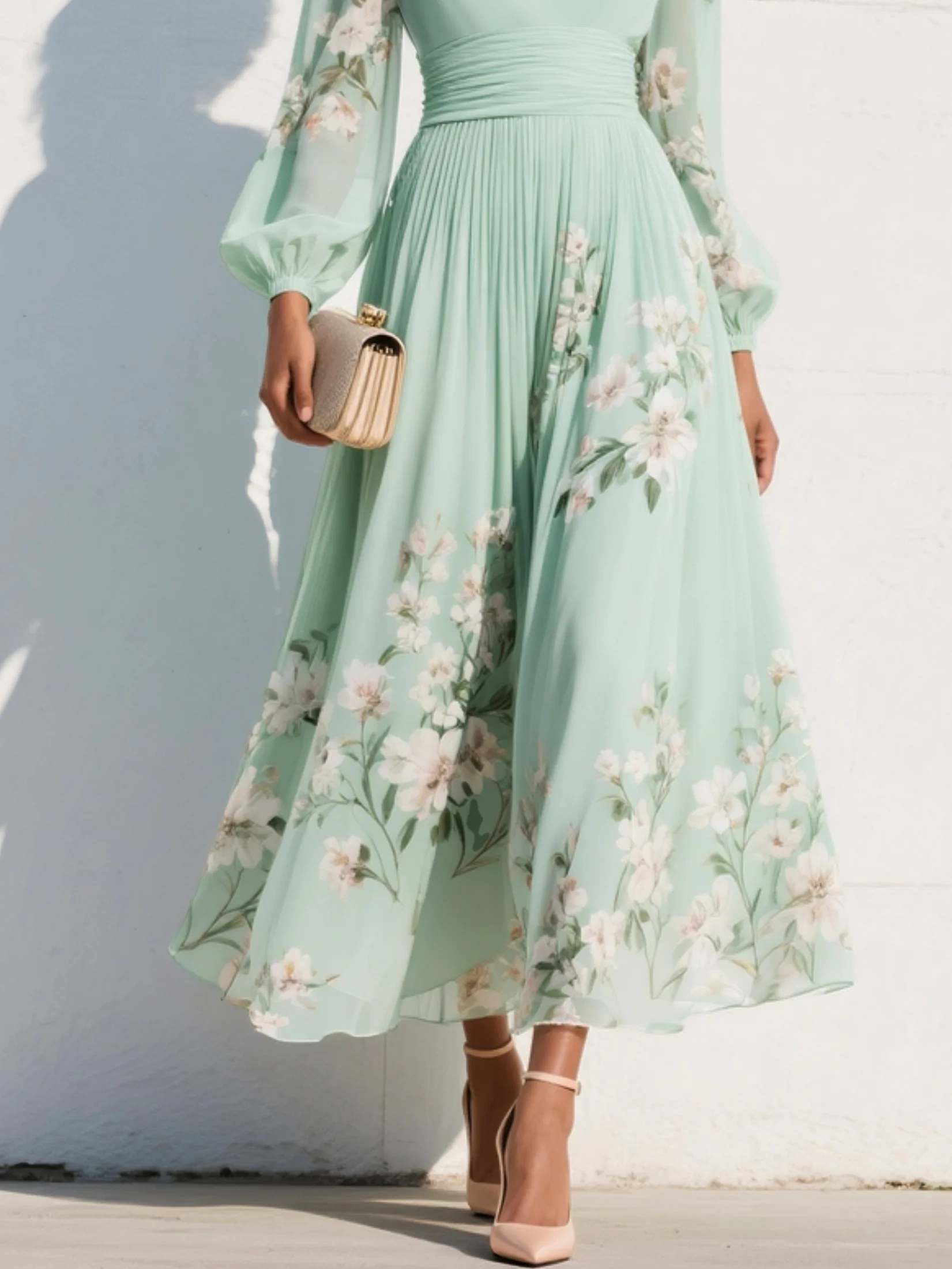 Waltraud Hellgrün Geblümtes Chiffon V-Ausschnitt Midikleid für Damen | Fliessende A-Linie | Hochzeit - S/M/L/XL/2XL/3XL