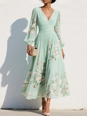 Waltraud Hellgrün Geblümtes Chiffon V-Ausschnitt Midikleid für Damen | Fliessende A-Linie | Hochzeit - S/M/L/XL/2XL/3XL