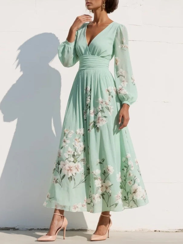 Waltraud Hellgrün Geblümtes Chiffon V-Ausschnitt Midikleid für Damen | Fliessende A-Linie | Hochzeit - S/M/L/XL/2XL/3XL