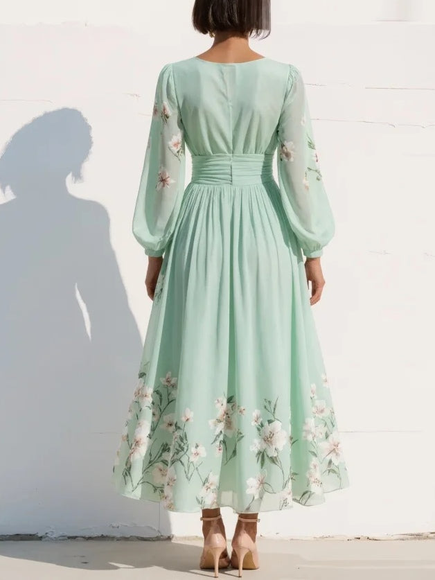 Waltraud Hellgrün Geblümtes Chiffon V-Ausschnitt Midikleid für Damen | Fliessende A-Linie | Hochzeit - S/M/L/XL/2XL/3XL