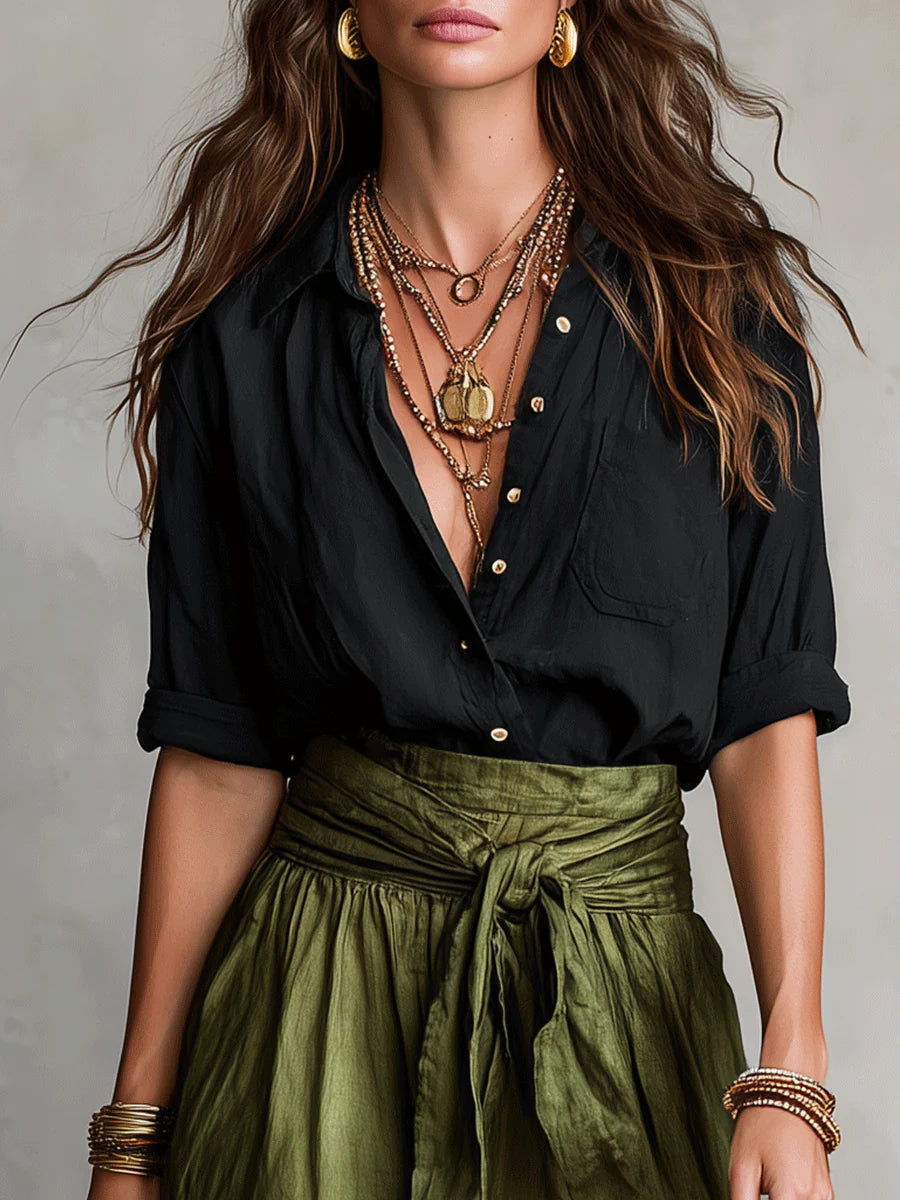 Monika Schwarz Zweiteiler Bluse und Olivgrün Midi-Rock für Damen | Lässig Elegant | Boho Sommer-Look - S/M/L/XL/2XL/3XL