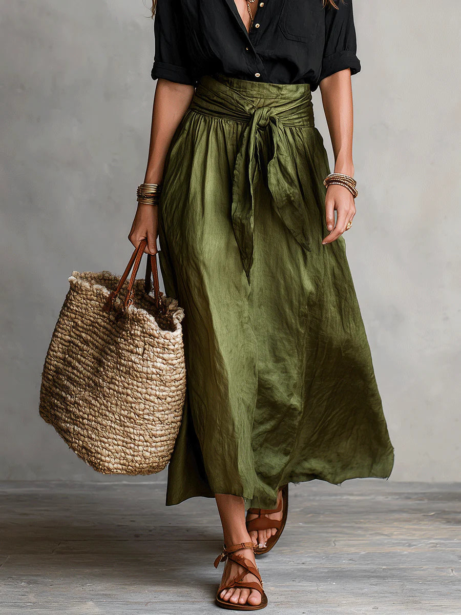 Monika Schwarz Zweiteiler Bluse und Olivgrün Midi-Rock für Damen | Lässig Elegant | Boho Sommer-Look - S/M/L/XL/2XL/3XL
