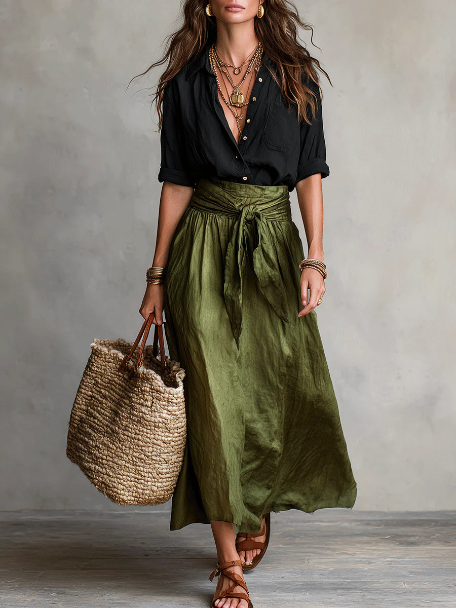Monika Schwarz Zweiteiler Bluse und Olivgrün Midi-Rock für Damen | Lässig Elegant | Boho Sommer-Look - S/M/L/XL/2XL/3XL