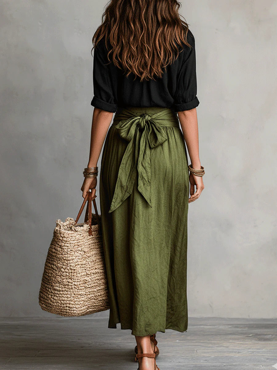 Monika Schwarz Zweiteiler Bluse und Olivgrün Midi-Rock für Damen | Lässig Elegant | Boho Sommer-Look - S/M/L/XL/2XL/3XL