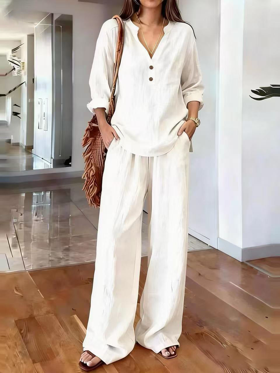 Susanne Khaki Leinen Zweiteiler V-Ausschnitt Tunika und Weithose für Damen | Eleganter Komfort | Sommerurlaub und Alltag - S-3XL