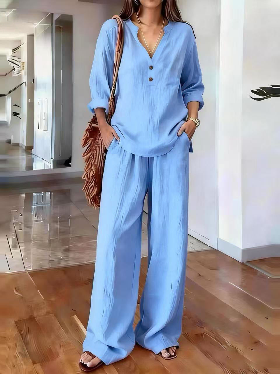 Susanne Khaki Leinen Zweiteiler V-Ausschnitt Tunika und Weithose für Damen | Eleganter Komfort | Sommerurlaub und Alltag - S-3XL