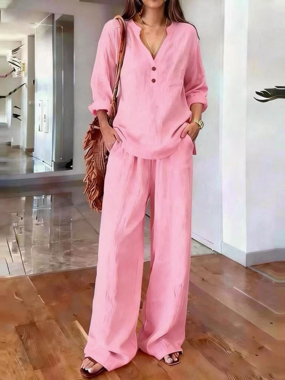 Susanne Khaki Leinen Zweiteiler V-Ausschnitt Tunika und Weithose für Damen | Eleganter Komfort | Sommerurlaub und Alltag - S-3XL