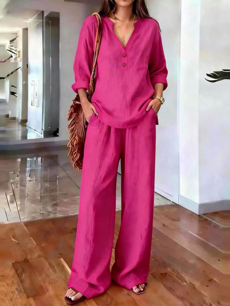 Susanne Khaki Leinen Zweiteiler V-Ausschnitt Tunika und Weithose für Damen | Eleganter Komfort | Sommerurlaub und Alltag - S-3XL