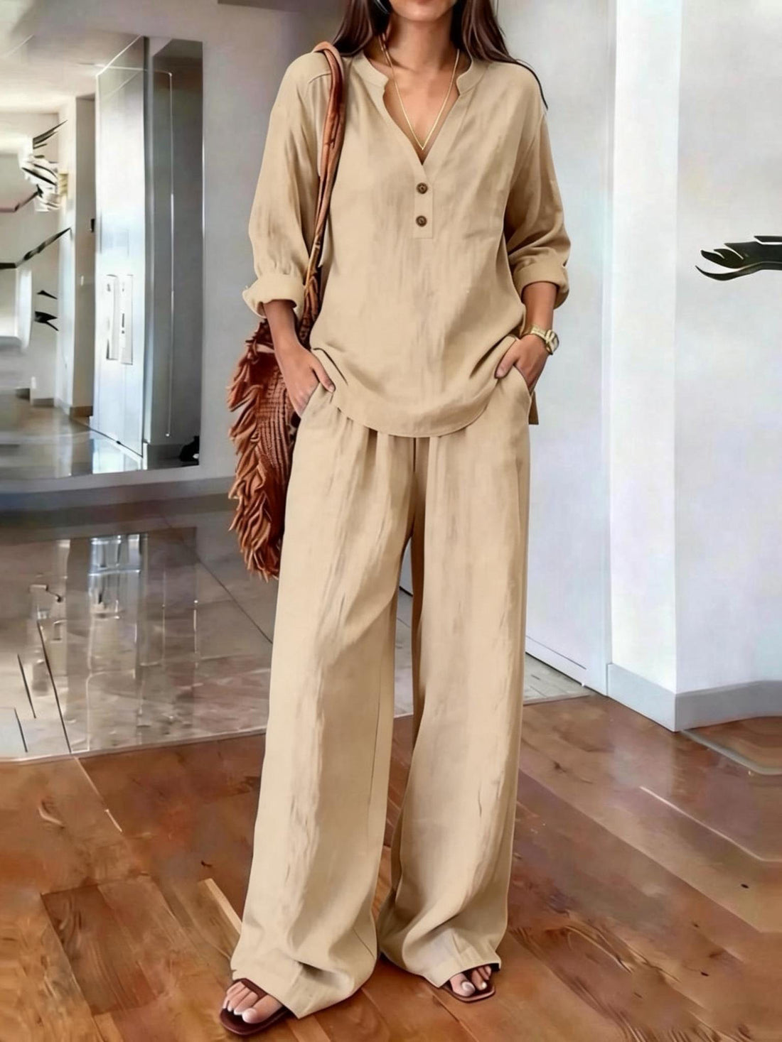 Susanne Khaki Leinen Zweiteiler V-Ausschnitt Tunika und Weithose für Damen | Eleganter Komfort | Sommerurlaub und Alltag - S-3XL