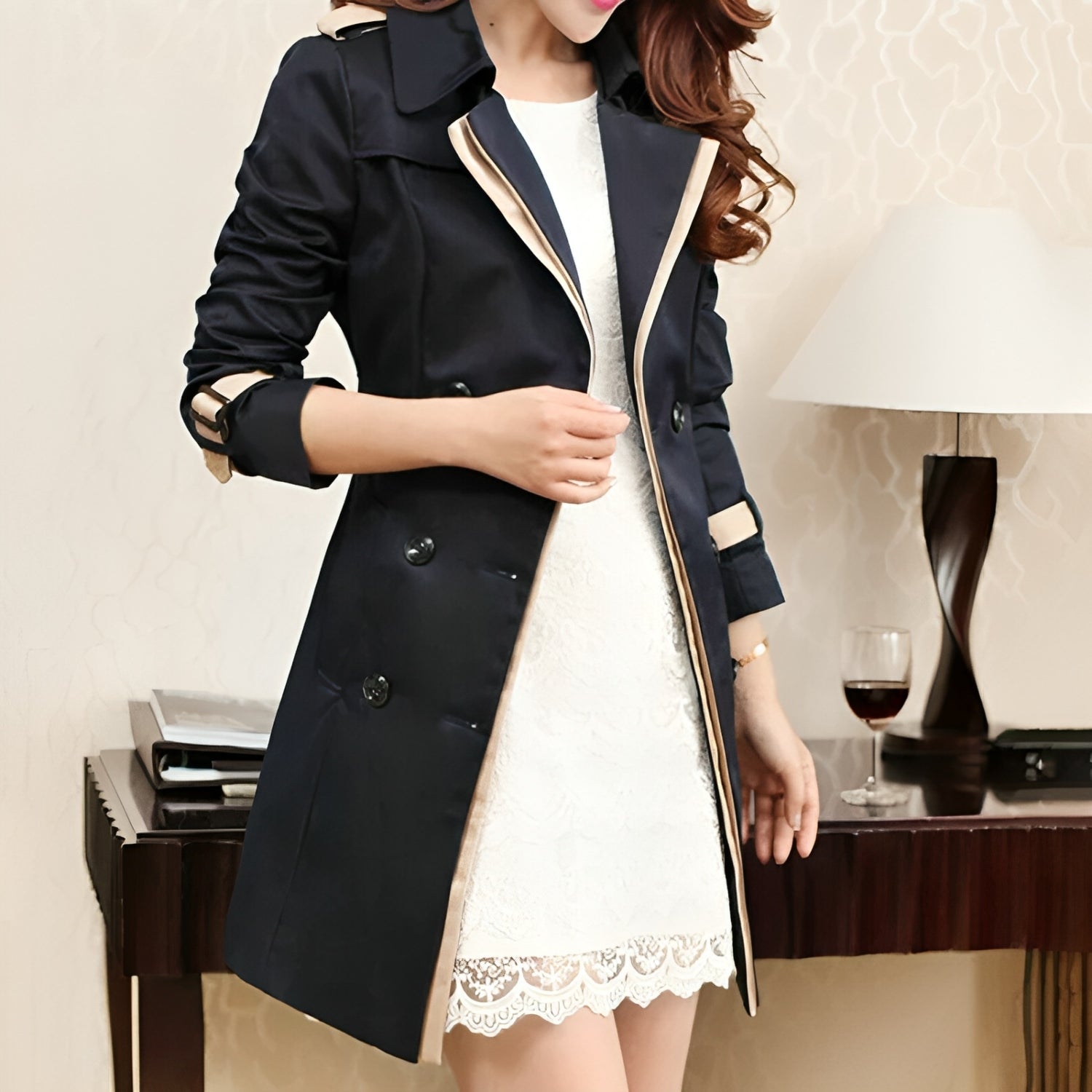 Therese Khaki Klassischer Doppelreihiger Trenchcoat für Damen | Kontrastbesatz Eleganter Casual Stil - S/M/L/XL/2XL/3XL