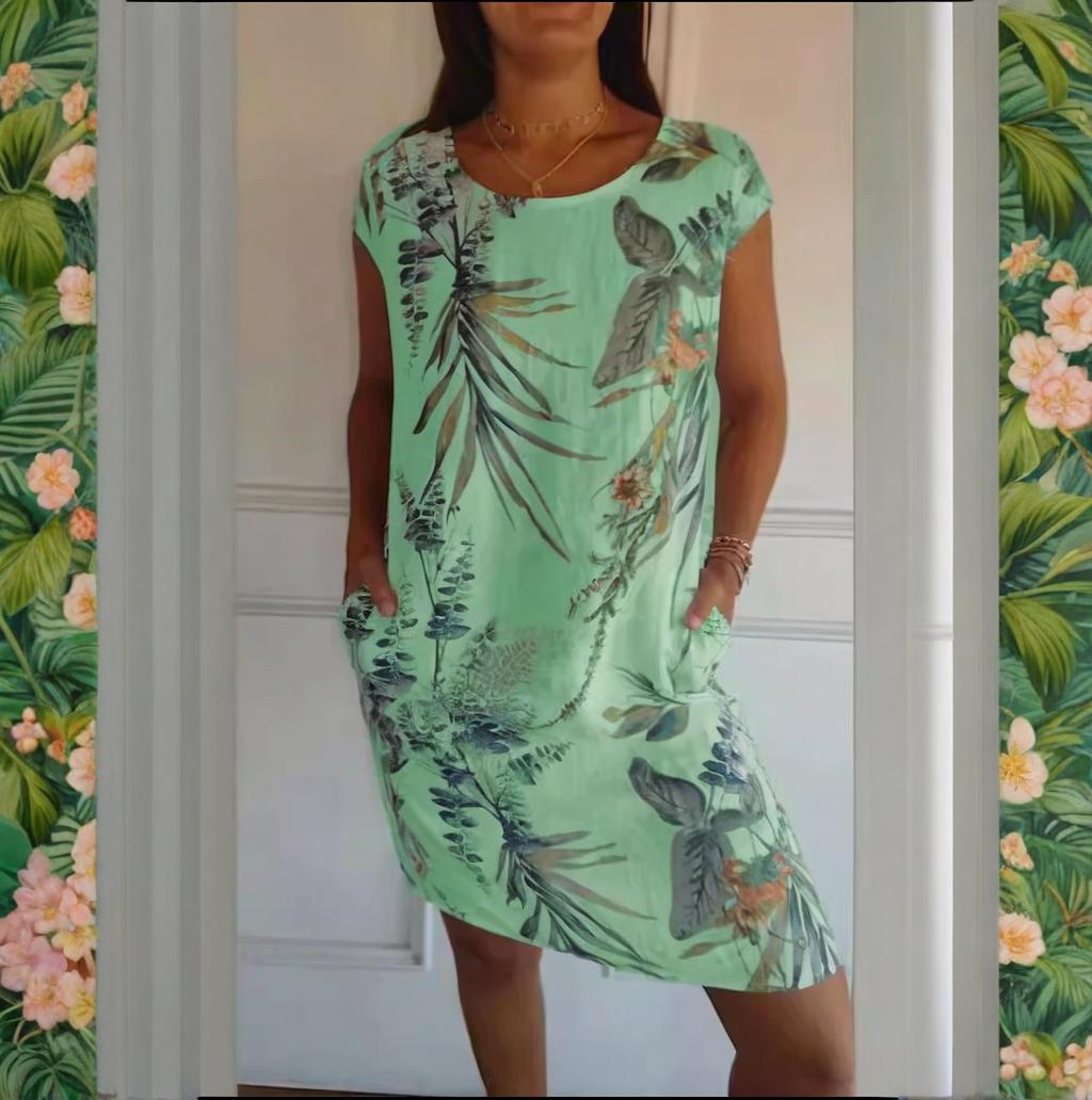 Monika Weiß Botanischer Print Rundhals Sommerkleid für Damen | Leichter Komfort mit Taschen | Alltag & Urlaub - S-4XL