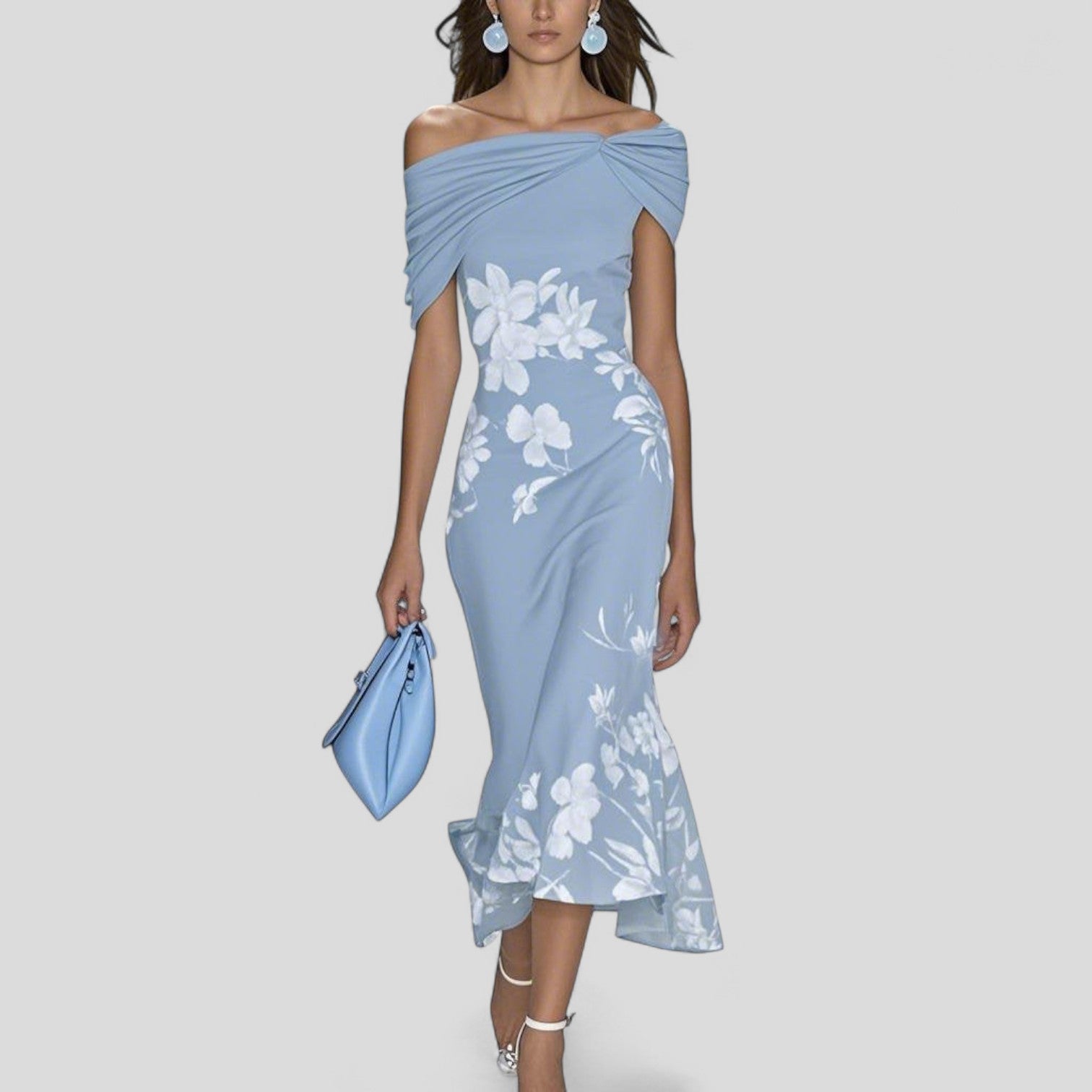 Ida Grün Geblümtes Schulterfreies Midikleid für Damen | Elegante Meerjungfrau-Silhouette | Hochzeit - Rüschenabschluss - 2XS-4XL