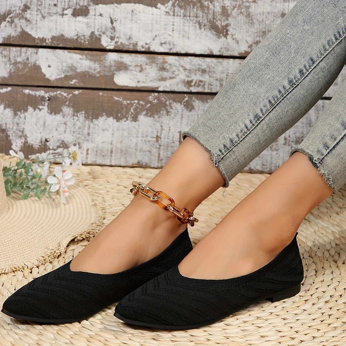 Nadine Aprikose Gestrickte Spitzschuh Flats für Damen | Leichter Slip-On Komfort | Alltag und Büro - 35/36/37/38/39/40/41/42/43