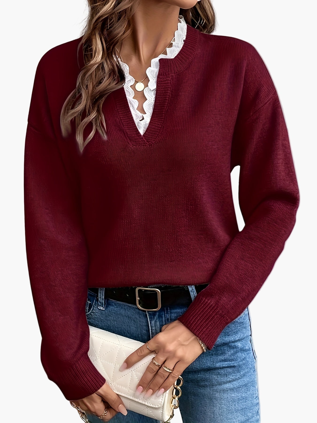 Renate Rosa Eleganter Strickpullover mit V-Ausschnitt und Spitzenbesatz für Damen | Herbst Winter Casual - XS/S/M/L/XL/XXL