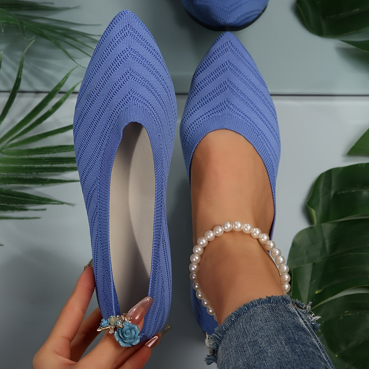 Nadine Aprikose Gestrickte Spitzschuh Flats für Damen | Leichter Slip-On Komfort | Alltag und Büro - 35/36/37/38/39/40/41/42/43