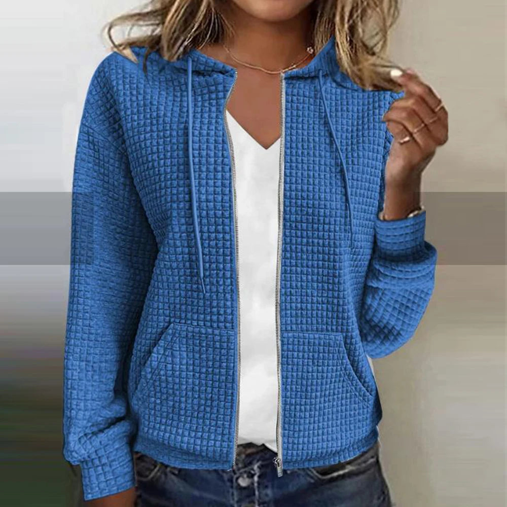 Heinz Schwarz Waffelstruktur Kapuzen-Sweatshirt mit Reissverschluss für Damen | Casual Freizeit - S/M/L/XL/2XL