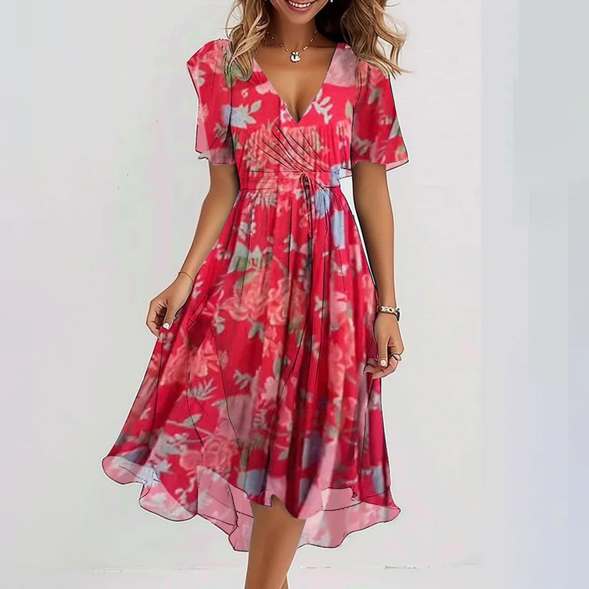 Monika Blau Bedrucktes V-Ausschnitt Sommerkleid für Damen | Leicht Fliessend | Sommerurlaub - S-3XL