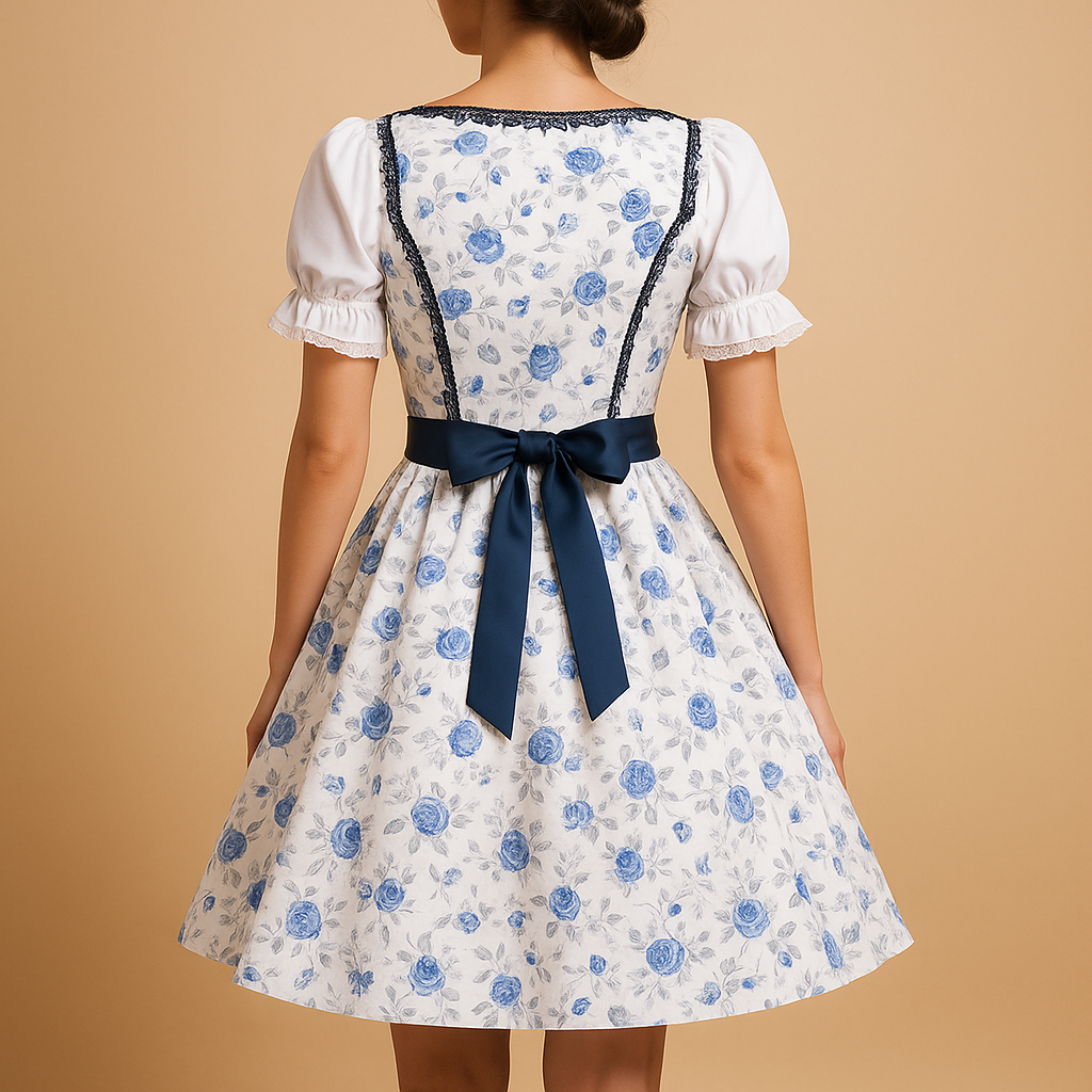 Vreni Blau Geblümtes Dirndl mit Schürze und Spitzenbesatz für Damen | Oktoberfest Trachtenkleid - S/M/L/XL