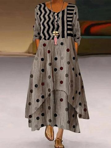Rosemarie Braun Polka Dot Zigzag Langarm Maxikleid für Damen | Fliessend Bequem | Alltag und Reisen - S-2XL