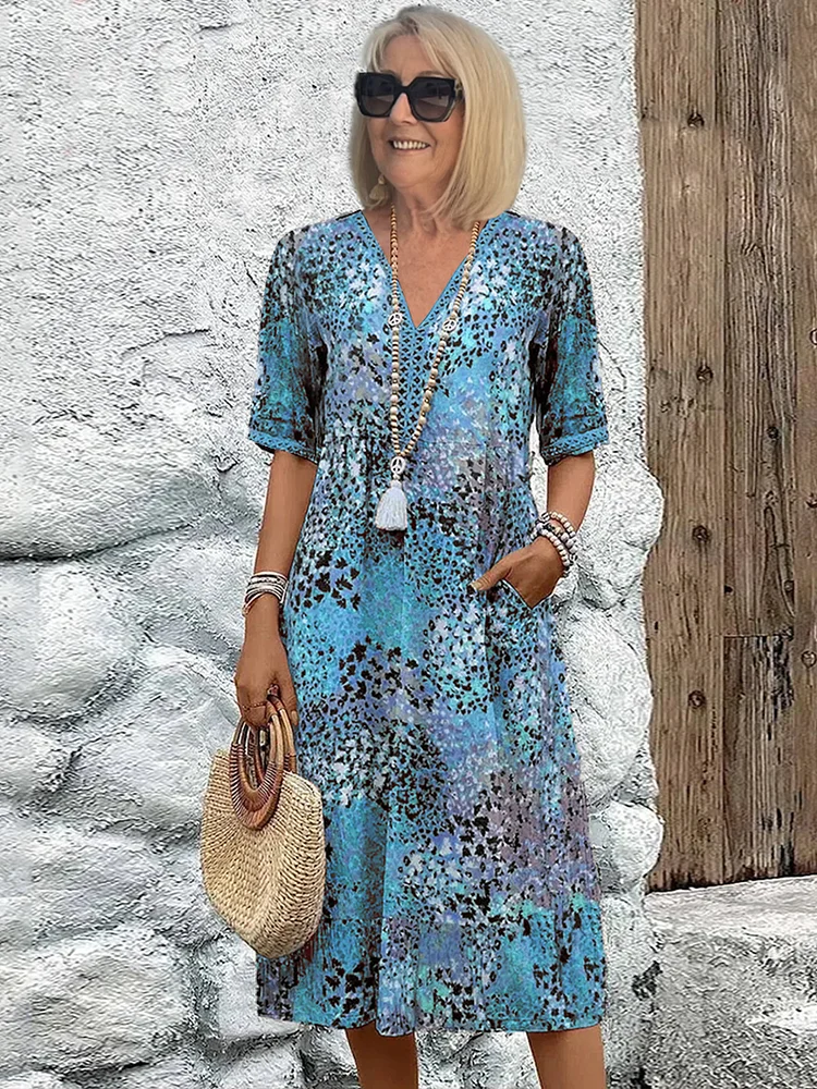 Vreni Beige Floral Print V-Neck Midi Dress for Women | Flowy Relaxed Fit | Sommerurlaub - S/M/L/XL/2XL/3XL