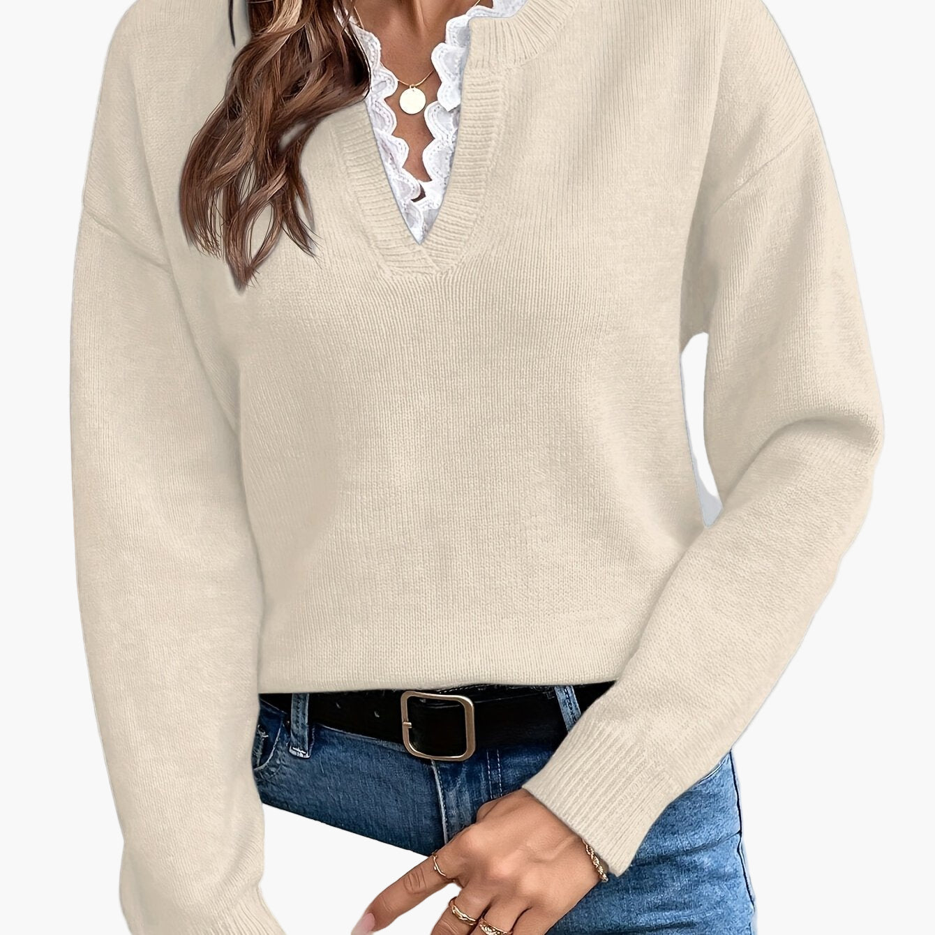 Renate Rosa Eleganter Strickpullover mit V-Ausschnitt und Spitzenbesatz für Damen | Herbst Winter Casual - XS/S/M/L/XL/XXL