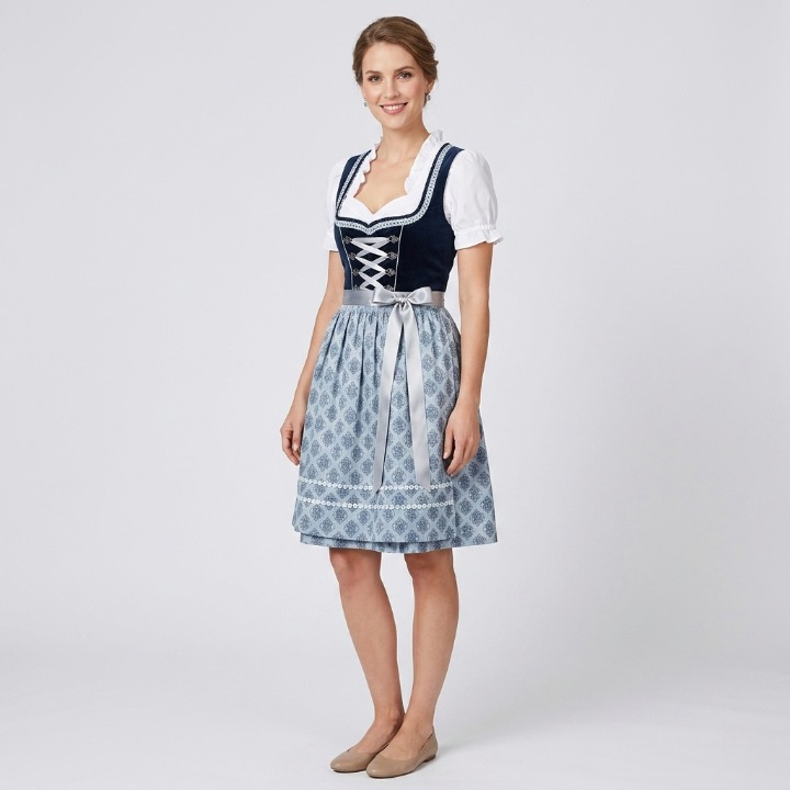 Lotte Dunkelblau Figurbetontes Dirndl mit Rüschenbluse für Damen | Trachtenkleid Oktoberfest Festlich - XS/S/M/L/XL/2XL/3XL/4XL