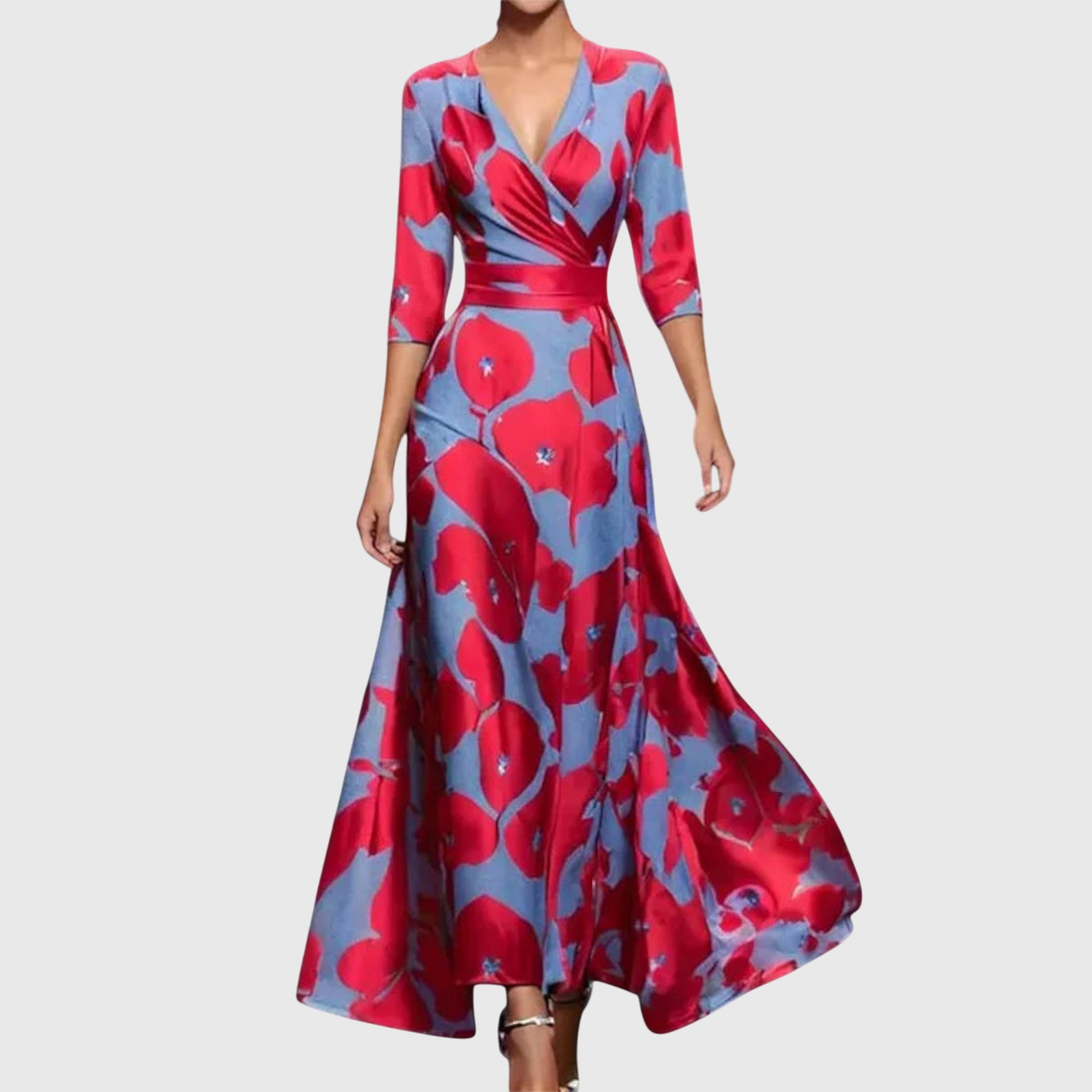 Silvia Rot Geblümtes Wickel-Maxikleid für Damen | Elegante A-Linie | Hochzeit und Abend - S/M/L/XL/2XL
