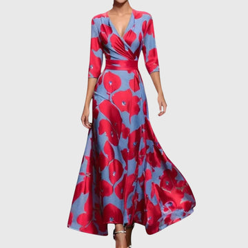 Silvia Rot Geblümtes Wickel-Maxikleid für Damen | Elegante A-Linie | Hochzeit und Abend - S/M/L/XL/2XL