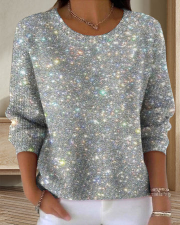 Brigitte Silber Glitzer-Print Rundhals Sweatshirt für Damen | Lässige Passform | Festlich und Casual - S-5XL