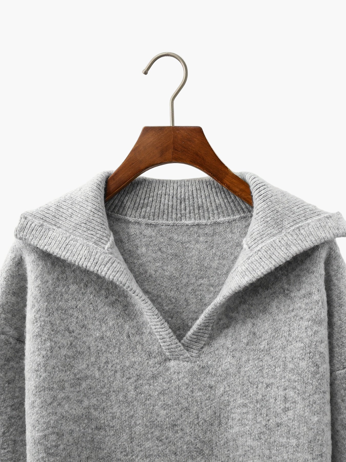 Verena Grau Oversized Strickpullover mit V-Ausschnitt und Kragen für Damen | Vintage Casual Herbst - S/M/L/XL/2XL