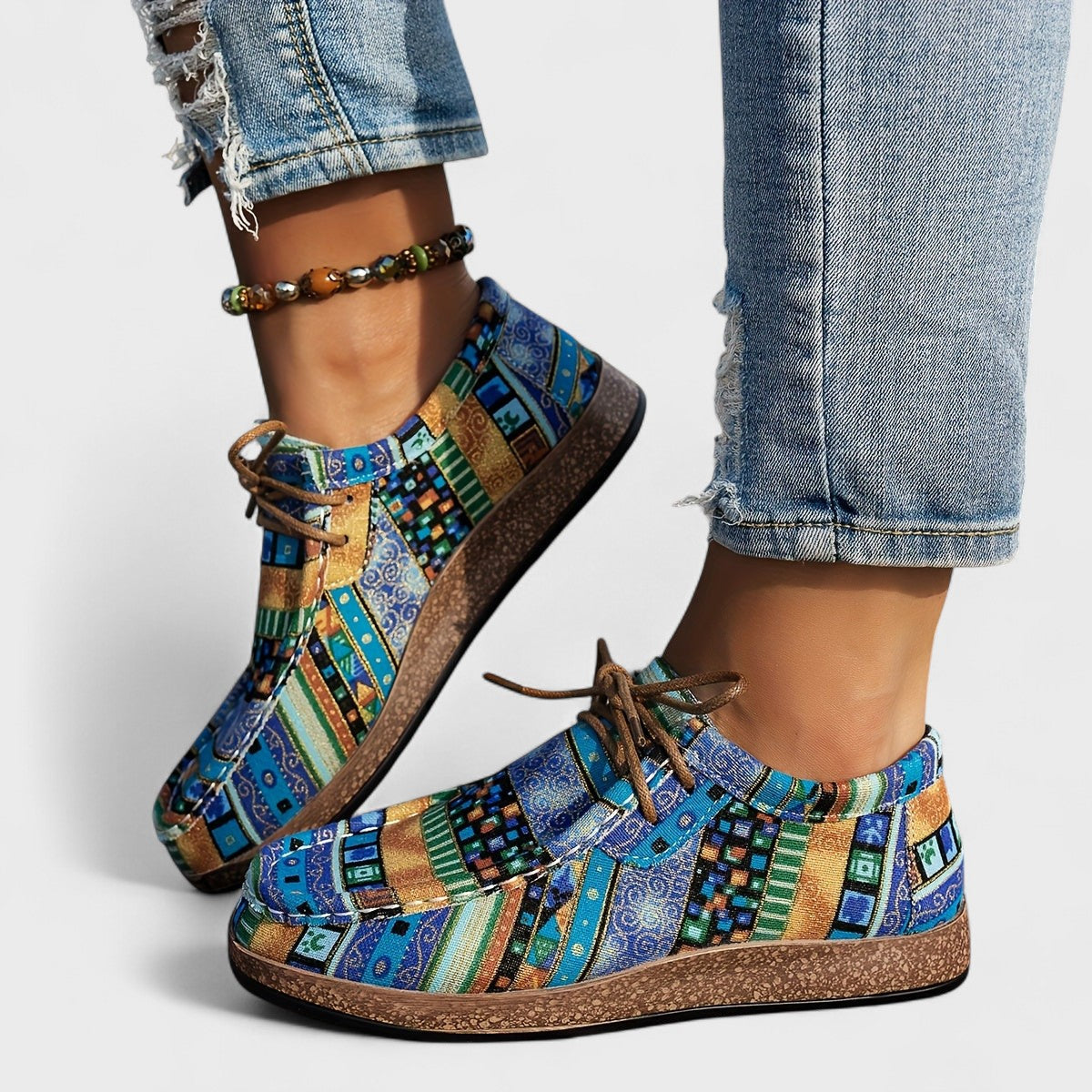 Hanna Rot Ethnisches Patchwork Lace-Up Plateau-Sneaker für Damen | Leichter Komfort Boho-Stil