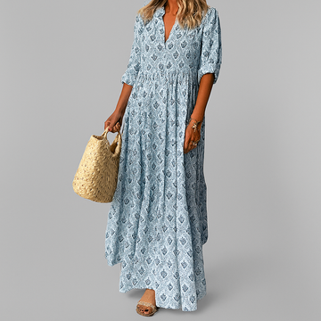 Monika Pink Floral Print Maxikleid für Damen | Fliessende A-Linie, V-Ausschnitt | Boho Sommerstil