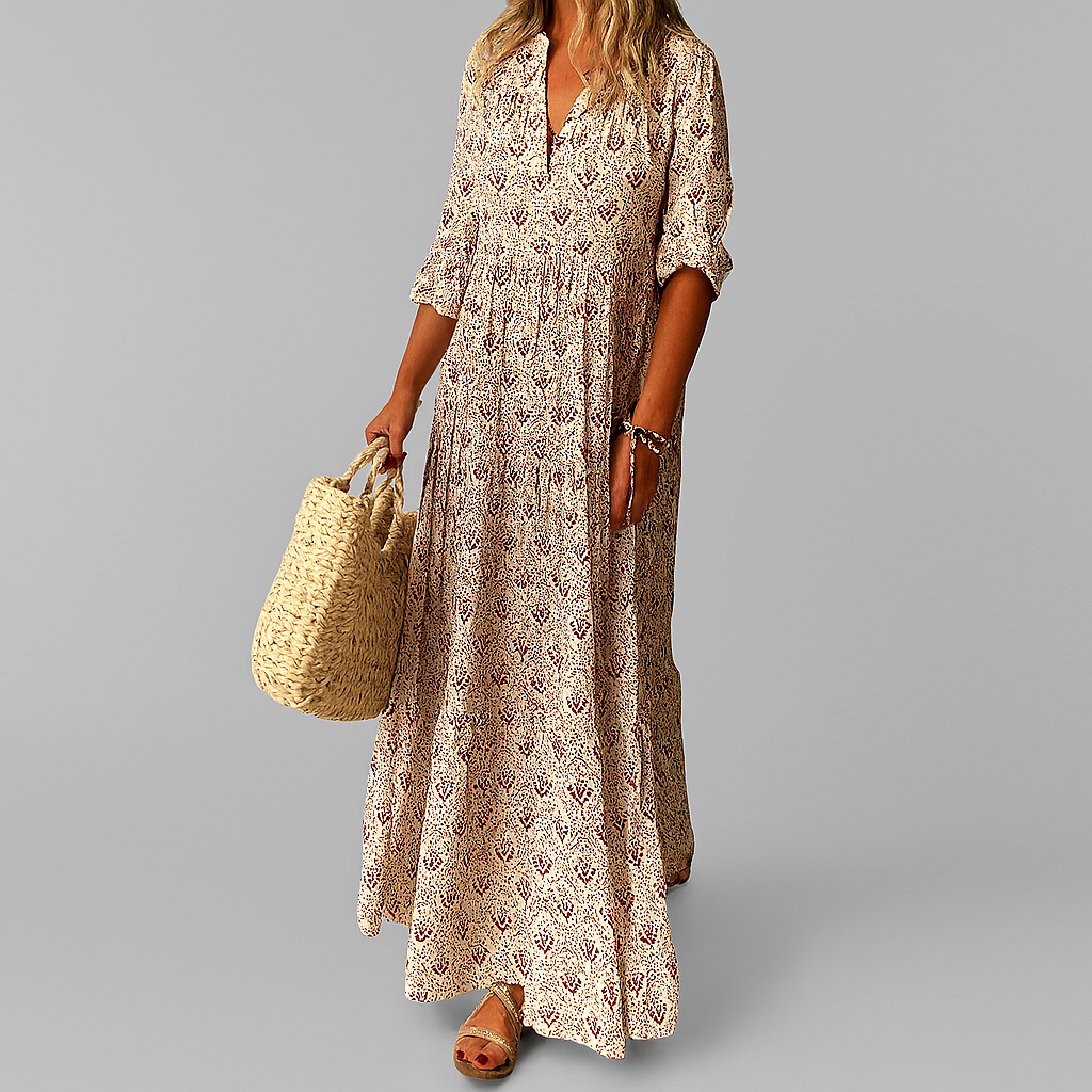 Monika Pink Floral Print Maxikleid für Damen | Fliessende A-Linie, V-Ausschnitt | Boho Sommerstil