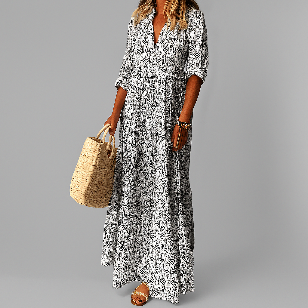 Monika Pink Floral Print Maxikleid für Damen | Fliessende A-Linie, V-Ausschnitt | Boho Sommerstil