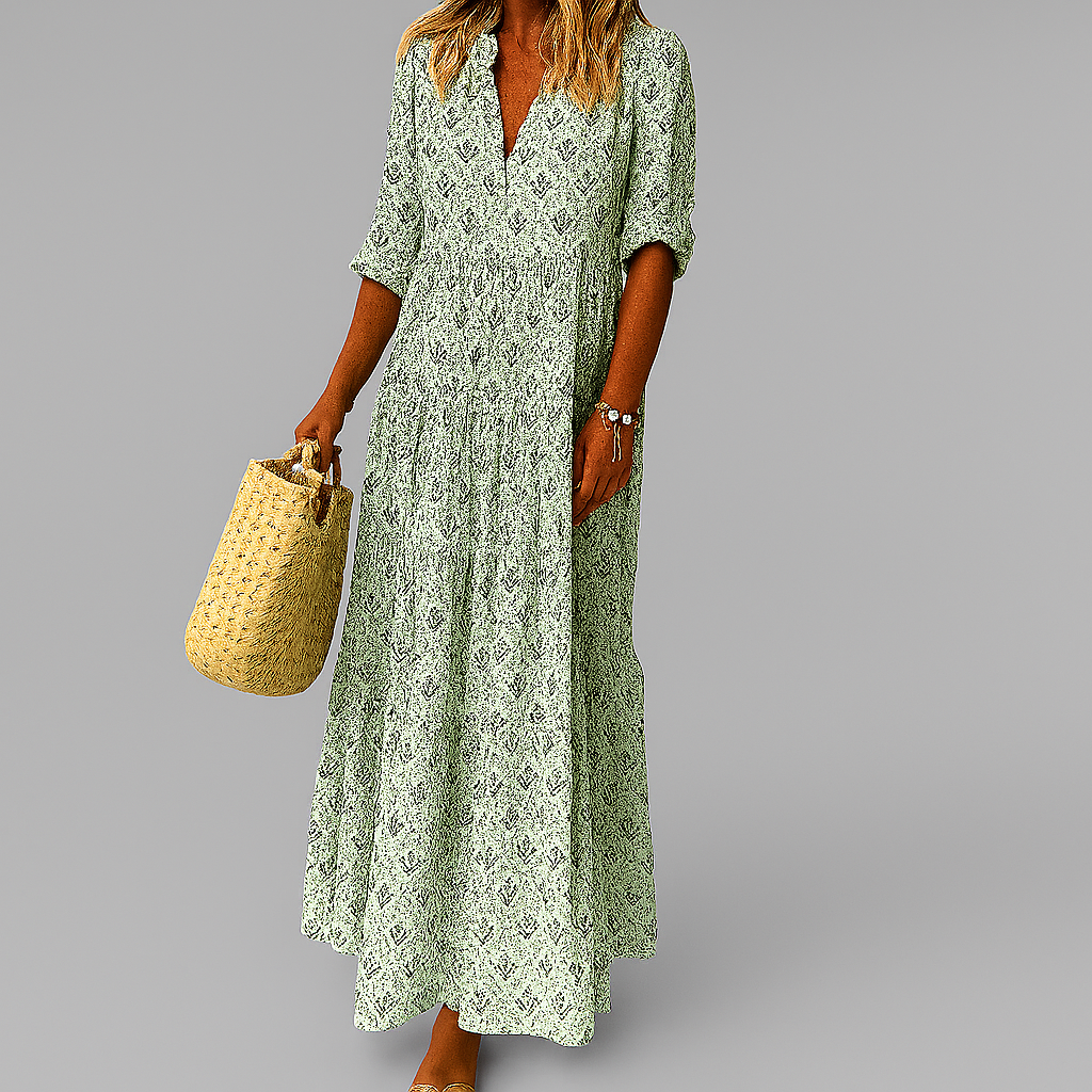 Monika Pink Floral Print Maxikleid für Damen | Fliessende A-Linie, V-Ausschnitt | Boho Sommerstil