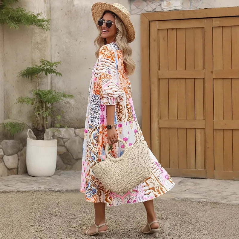 Annemarie Mehrfarbig Bedrucktes Boho Maxikleid für Damen | Luftige Passform Boho Stil | Sommer Urlaub - One Size