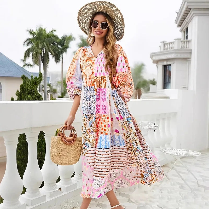 Annemarie Mehrfarbig Bedrucktes Boho Maxikleid für Damen | Luftige Passform Boho Stil | Sommer Urlaub - One Size