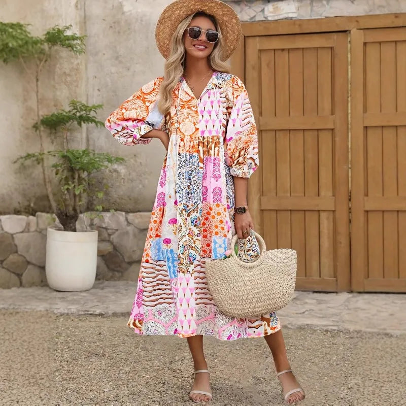 Annemarie Mehrfarbig Bedrucktes Boho Maxikleid für Damen | Luftige Passform Boho Stil | Sommer Urlaub - One Size