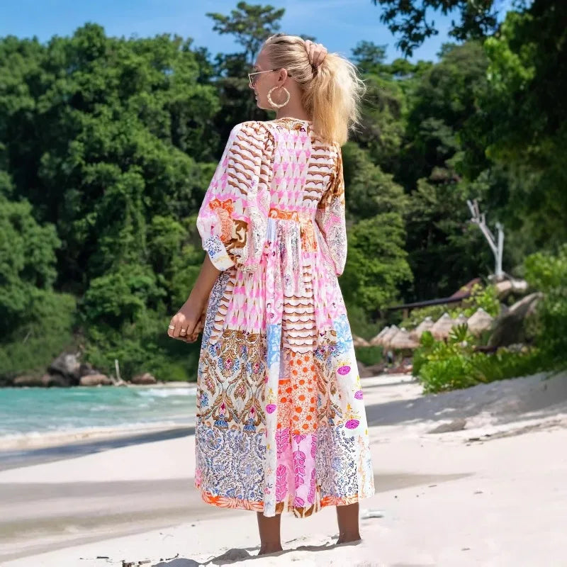 Annemarie Mehrfarbig Bedrucktes Boho Maxikleid für Damen | Luftige Passform Boho Stil | Sommer Urlaub - One Size