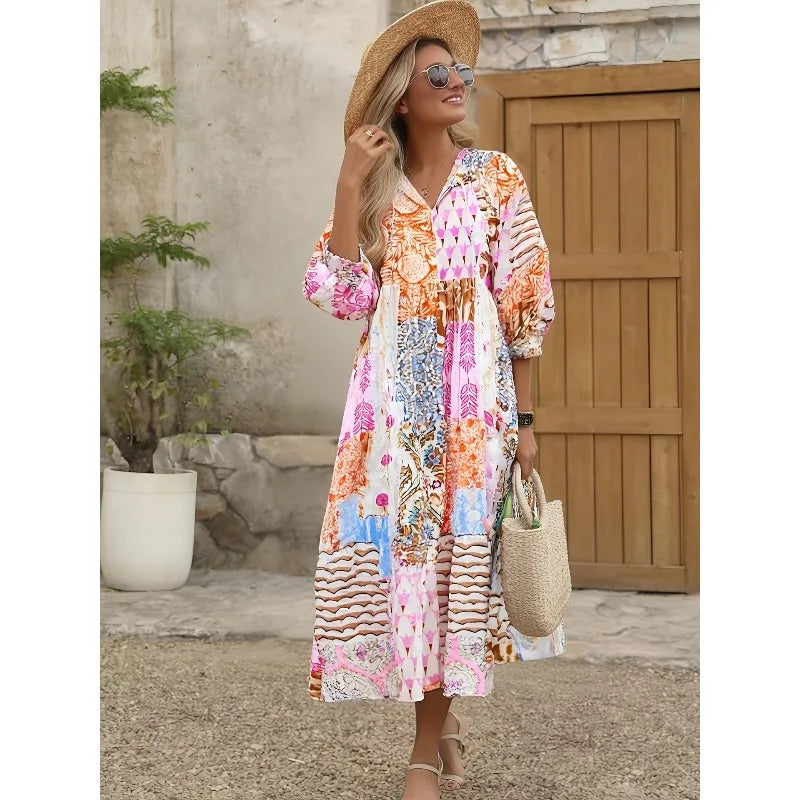 Annemarie Mehrfarbig Bedrucktes Boho Maxikleid für Damen | Luftige Passform Boho Stil | Sommer Urlaub - One Size