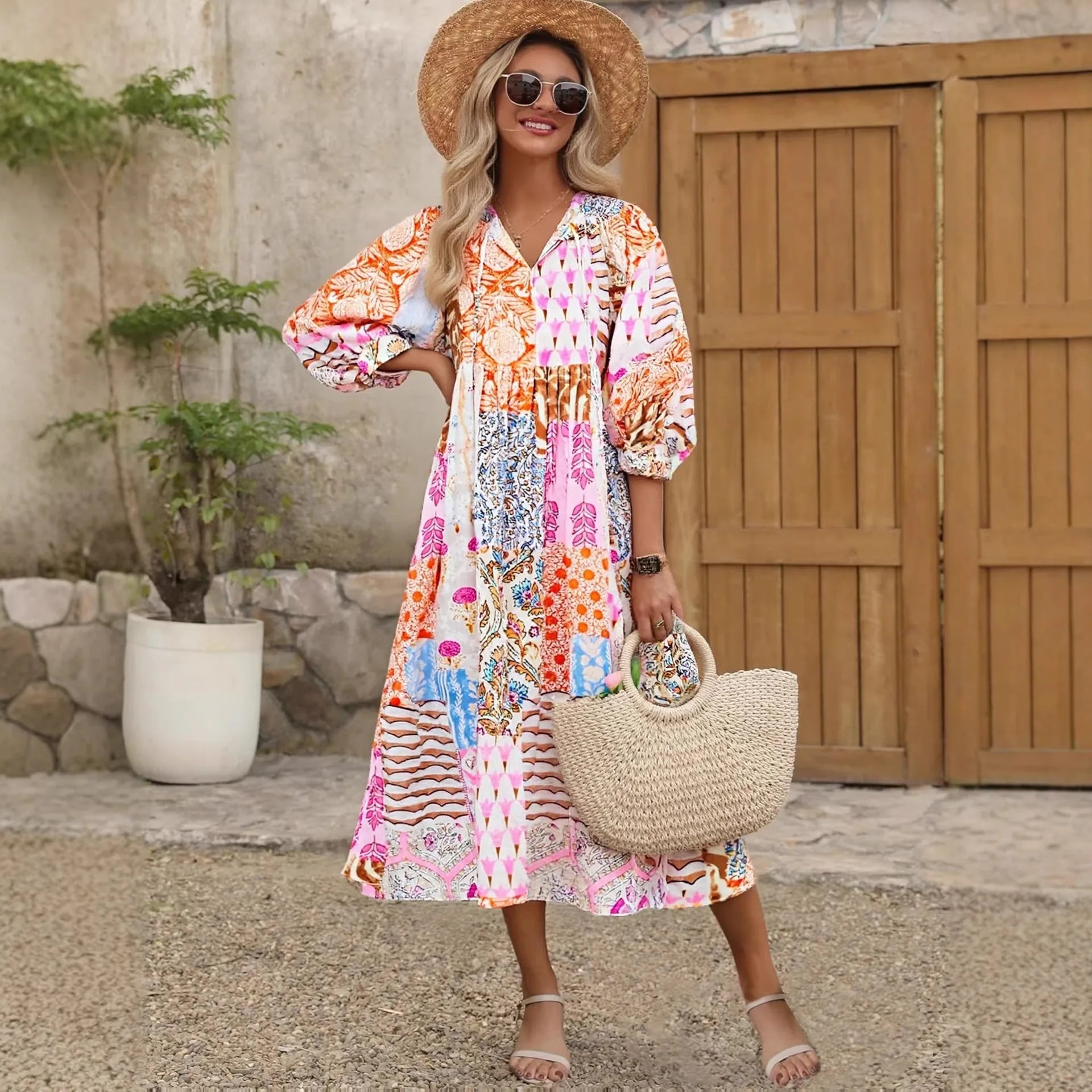 Annemarie Mehrfarbig Bedrucktes Boho Maxikleid für Damen | Luftige Passform Boho Stil | Sommer Urlaub - One Size